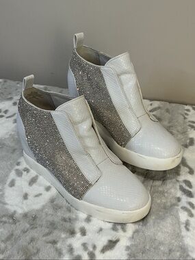 INC International Concepts Wesla, white and silver crystal wedge sneakers,size 9
